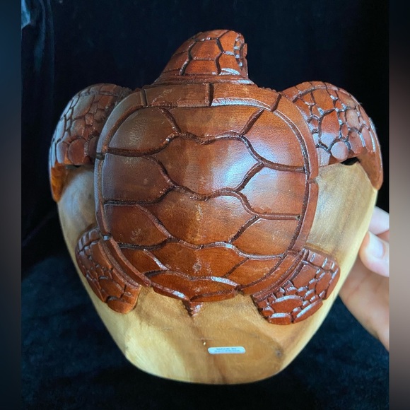 Sea Turtle Fruit Bowl Hand Carved Wood Coastal Cottage Decor Gift - Picture 4 of 10